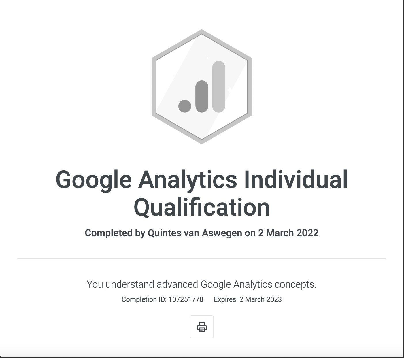 Google analytics Individual Certification for Quintes van Aswegen - Architect Forward (architectFWD™)